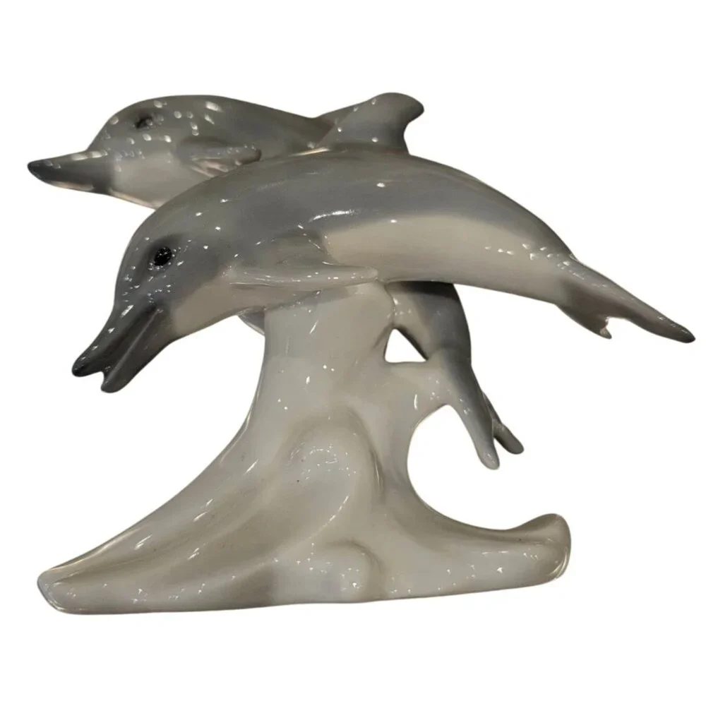 Otagiri Porcelain Gray Dolphins White Wave Figurine Figure Made in Japan Vintage